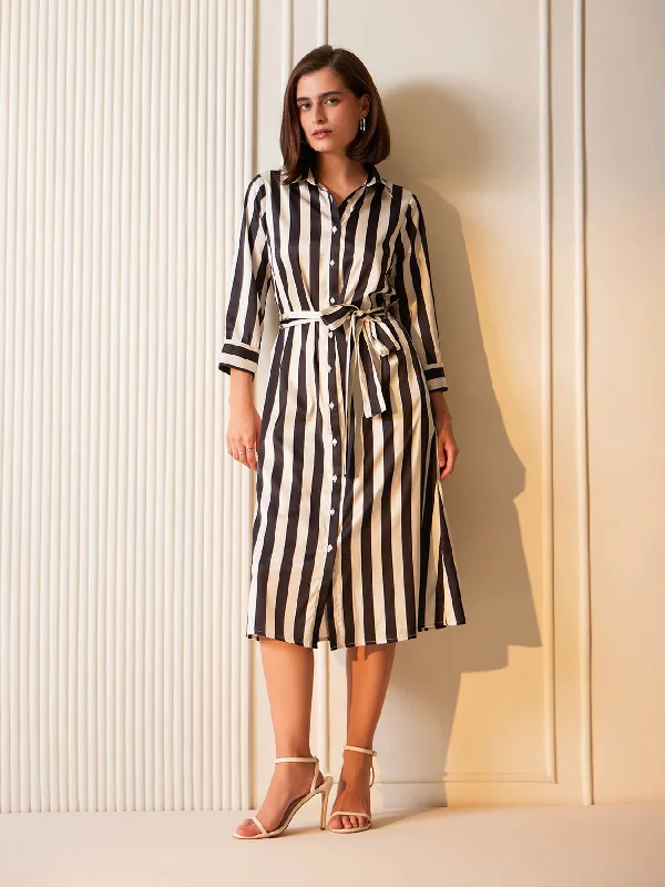 Big Savings Satin A-line Striped Dress - Black