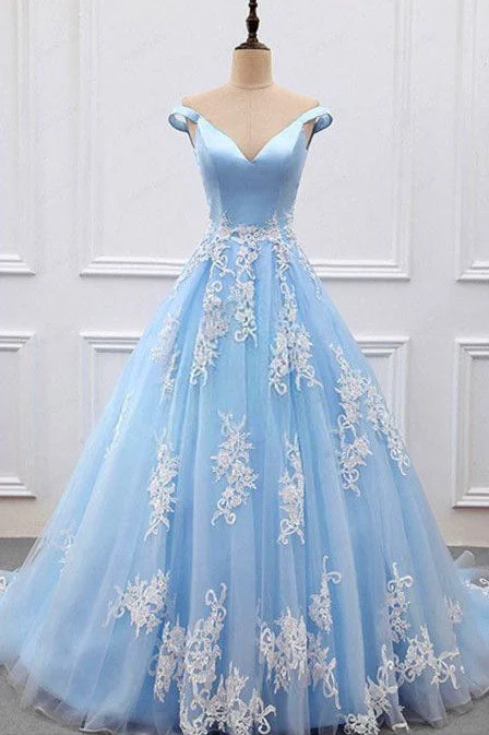 Buy More, Save More A Line Sky Blue V-Neck Lace Appliqued Tulle Prom Dress N418