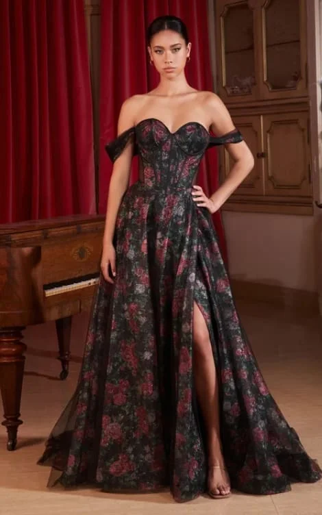 Act Now Ladivine- Off The Shoulder Ball Gown with Floral Underlay