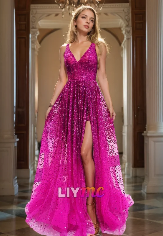 Price Drop V-Neck Straps Sleeveless Beaded Sparkly Pleated A-Line Prom Dress