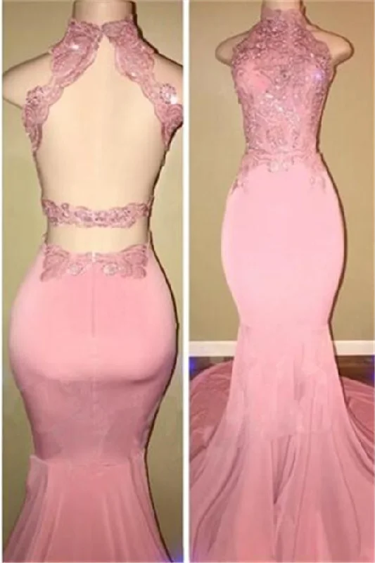 Great Bargains Gorgeous High Neck Pink Lace Prom Party GownsMermaid Long