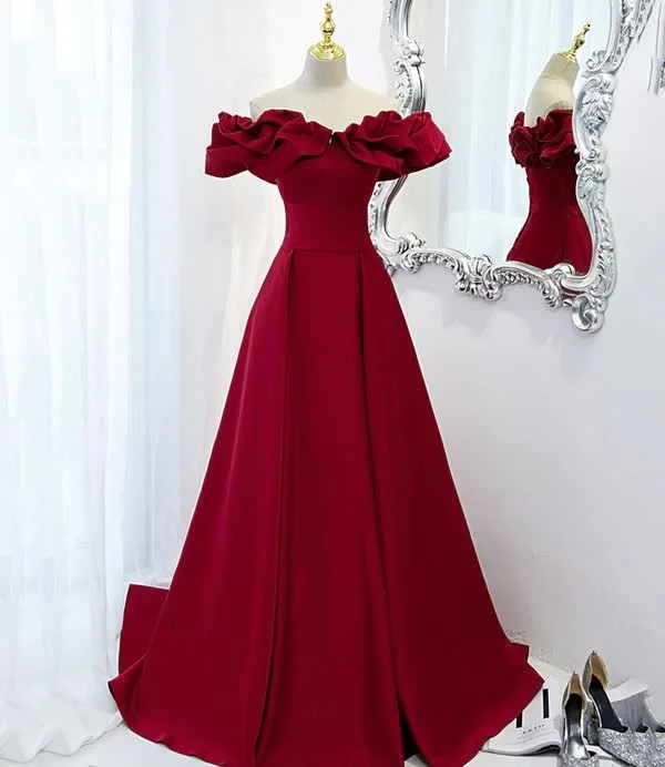 Discount Days Burgundy Off Shoulder Long A Line Prom Dress Evening Dress