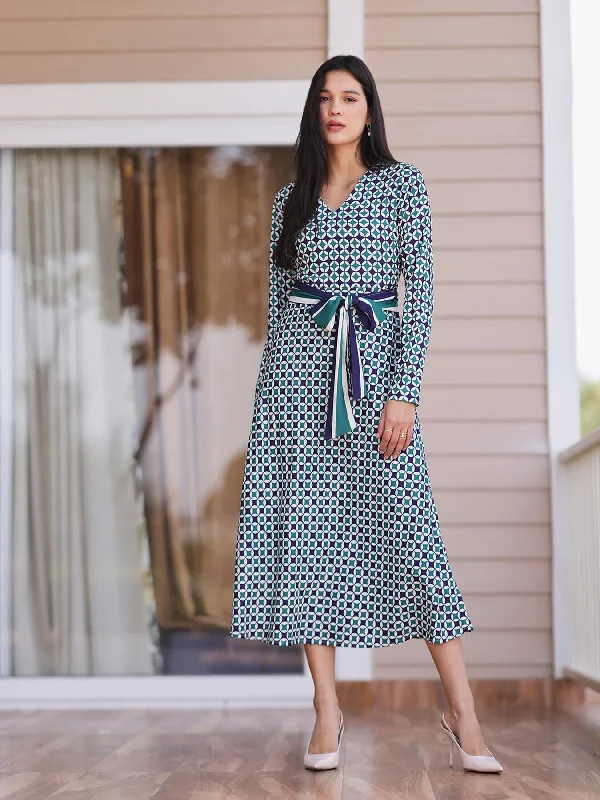 Fantastic Offers Geometric Print Fit And Flare Dress - Teal And Navy Blue