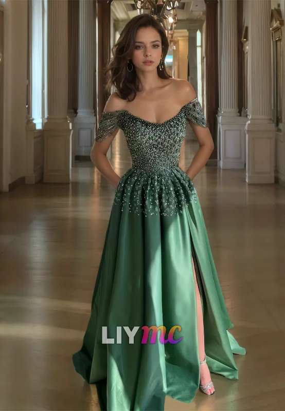 Deal of the Week Off-Shoulder Strapless Beaded Pleated Sparkly A-Line Prom Dress