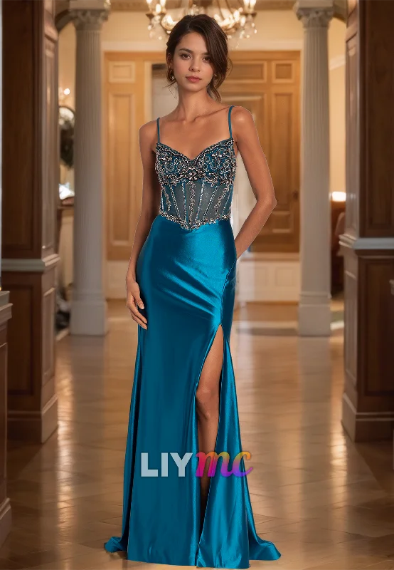Price Drop V-Neck Spaghetti Straps Beaded Side Slit Sheath Prom Dress
