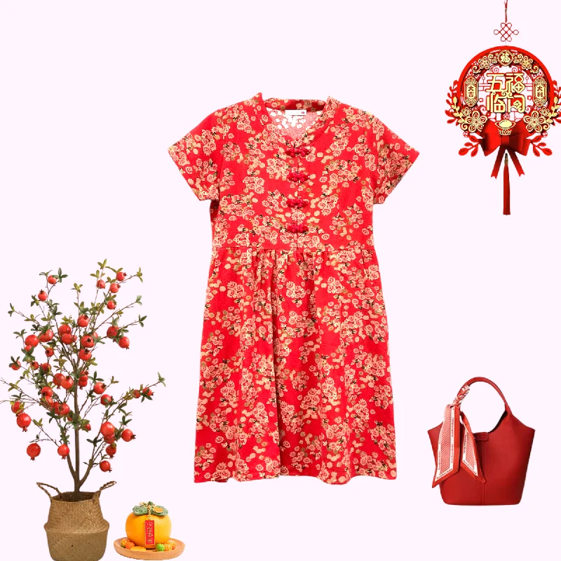 Price Drop Patch Women Cheongsam Cotton Linen Printed Dress