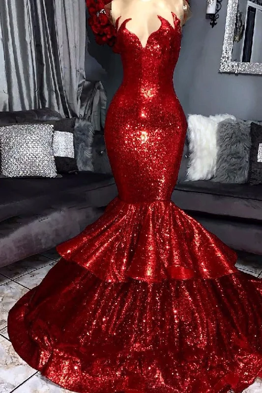 Best Bargains Sexy Strapless Mermaid Red Prom Dress Sequins Long