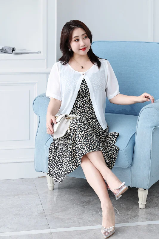 Midnight Madness (4XL-8XL) Plus Size Cropped White Jacket And Disty Floral Dress Set (Extra Big Size)