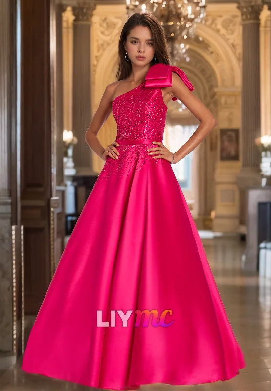 Holiday Sale One Shoulder Sleeveless Appliques Pleated Satin A-Line Prom Dress