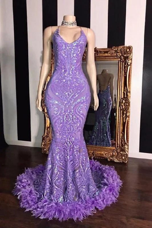 Act Fast Spaghetti V-neck Sequins Floor Length Fur Train Mermaid Prom Dresses