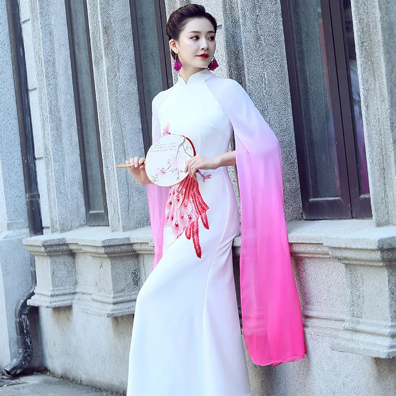 Overstock Sale (S-5Xl) Plus Size Pink Phoenix Ombre Cheongsam Maxi Dress With Extra Long Sleeves Overstock Sale (S-5Xl) Plus Size Pink Phoenix Ombre Cheongsam Maxi Dress With Extra Long Sleeves