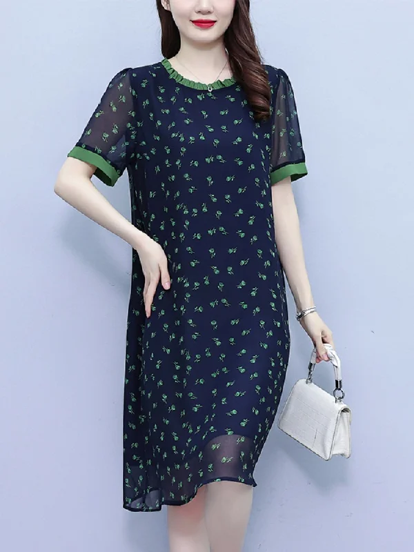 Special Price Plus Size Ditsy Flowers Round Neck Chiffon Shift Dress