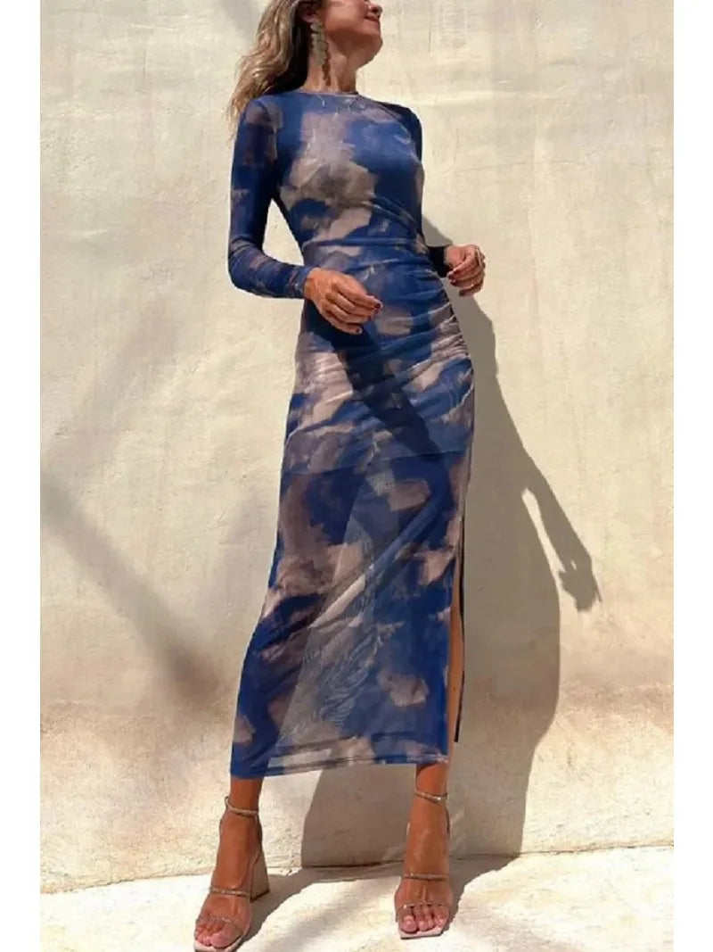 Customer Appreciation Sale Skinny Mesh Long Sleeve Split Spring/Summer Print Slim Fit Elastic Maxi Dress Customer Appreciation Sale Skinny Mesh Long Sleeve Split Spring/Summer Print Slim Fit Elastic Maxi Dress