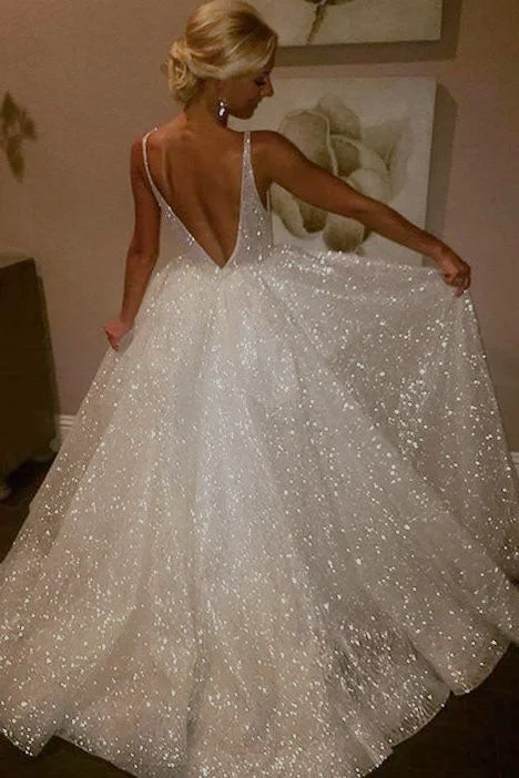 Best Bargains Ivory Sparkly V-Neck Sleeveless Backless Floor Length Prom Dresses N683