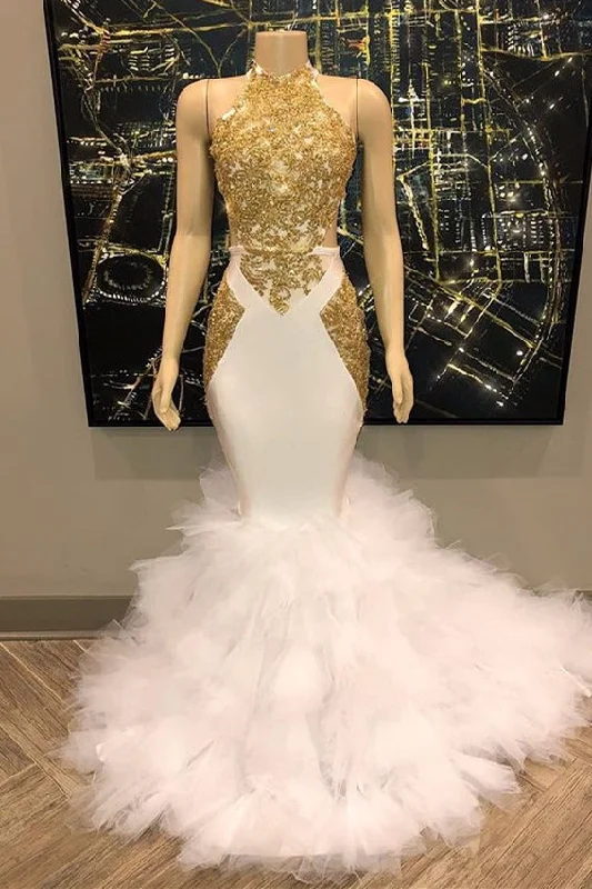 Reduced Prices Elegant White And Gold Mermaid Prom Dress Sequins High Collar Chiffon Long Reduced Prices Elegant White And Gold Mermaid Prom Dress Sequins High Collar Chiffon Long