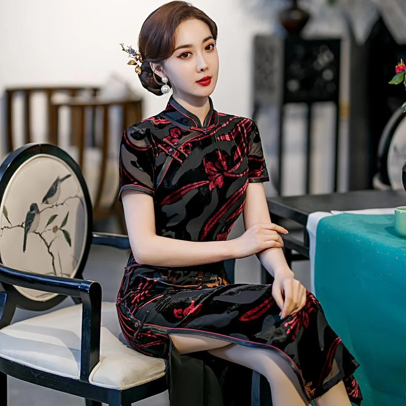Time-Limited Offer (S-5Xl) + Custom Size Plus Size Black Red Modern Oriental Cheongsam Evening Dress (Mother Of The Bride / Groom Suitable)