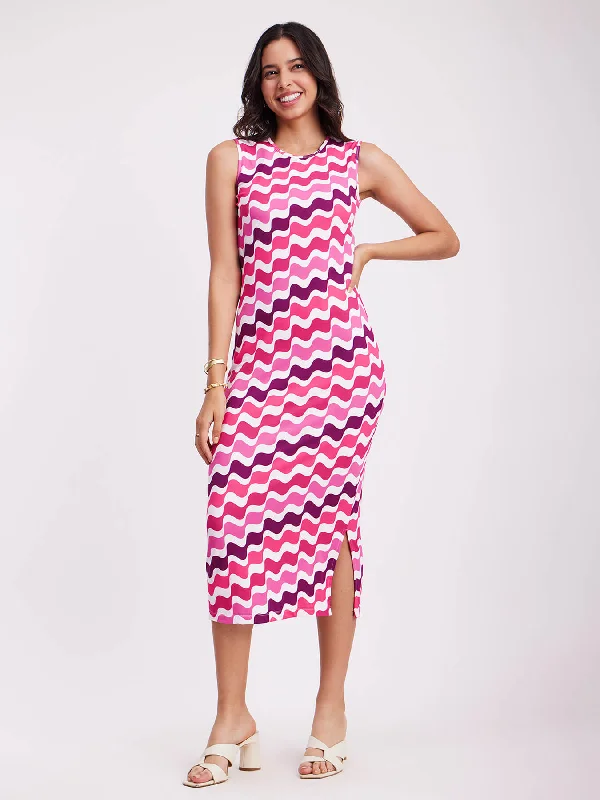 Holiday Sale Wave Print Midi Dress - Multicolour