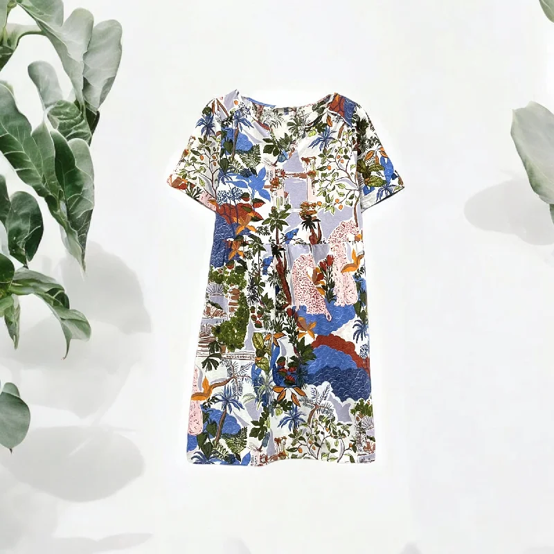 Discount Extravaganza Patch V Neck Short Sleeve Cotton Linen Printed Dress