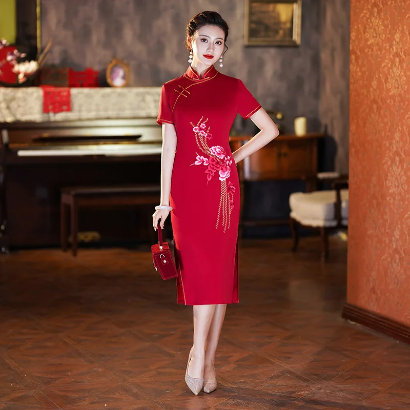 Savings Galore (M-5Xl) Plus Size Red Gold Formal Qipao Dress