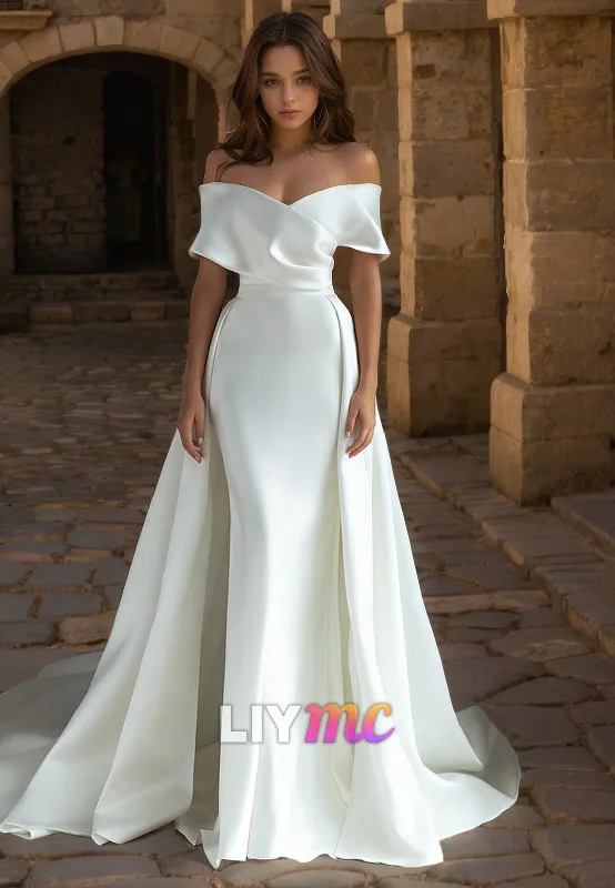 Get It Before It’s Gone LW512 - Sheath Off Shoulder Draped Floor-Length Boho Wedding Dress with Overlay Get It Before It’s Gone LW512 - Sheath Off Shoulder Draped Floor-Length Boho Wedding Dress with Overlay