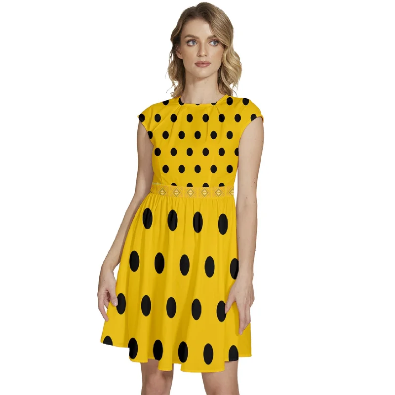 Quick Sale Cap Sleeve High Waist Dots Yellow Dress