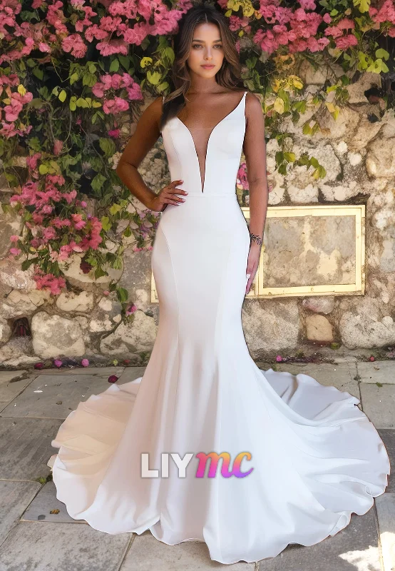 Special Offer LW918 - V-Neck Sleeveless Sleek Satin Court Train Mermaid Beach Wedding Dress Special Offer LW918 - V-Neck Sleeveless Sleek Satin Court Train Mermaid Beach Wedding Dress