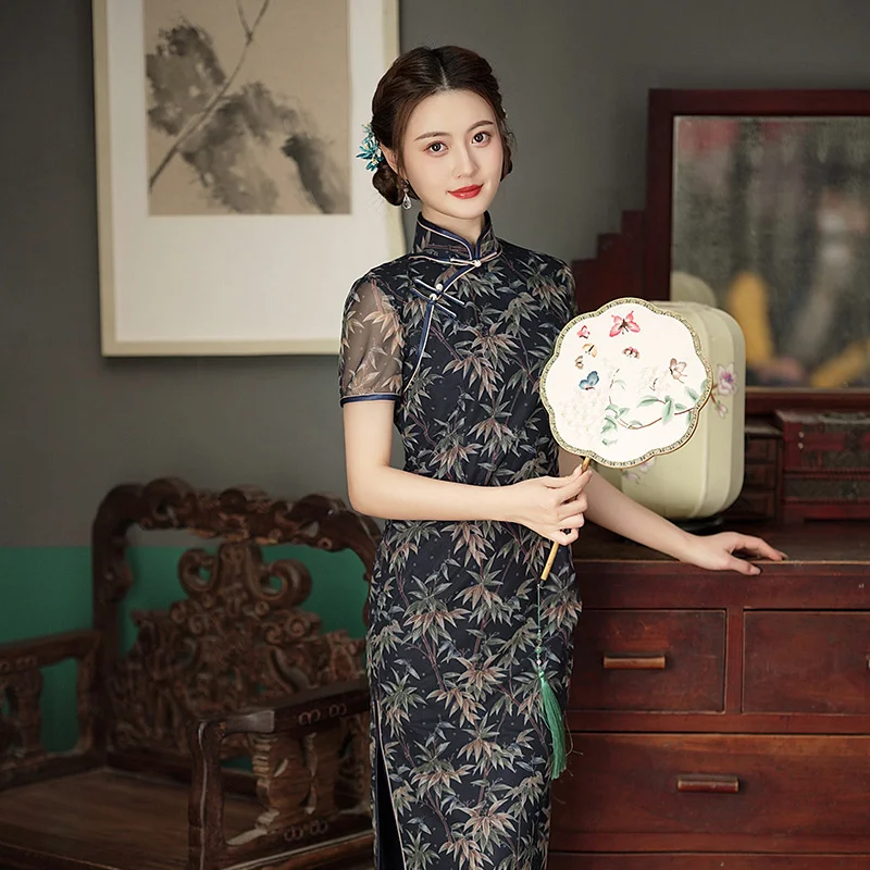 Seasonal Clearance (M-5Xl) Plus Size Stretchy Leafs Navy Blue Cheongsam Dress