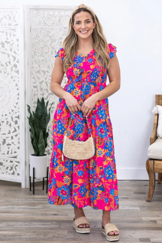 Year-End Sale Fuchsia Boho Floral V-Neck Tiered Dress