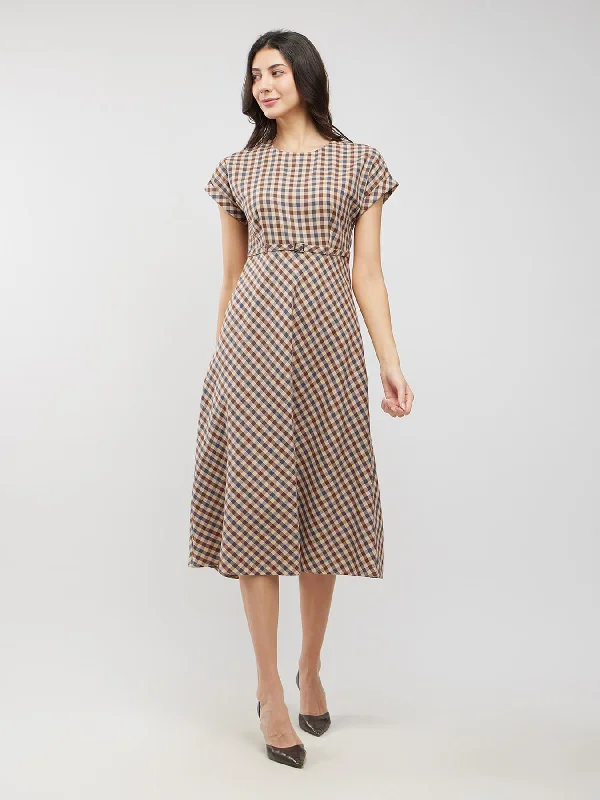 Buy More, Save More Cotton Checkered Fit And Flare Dress - Brown