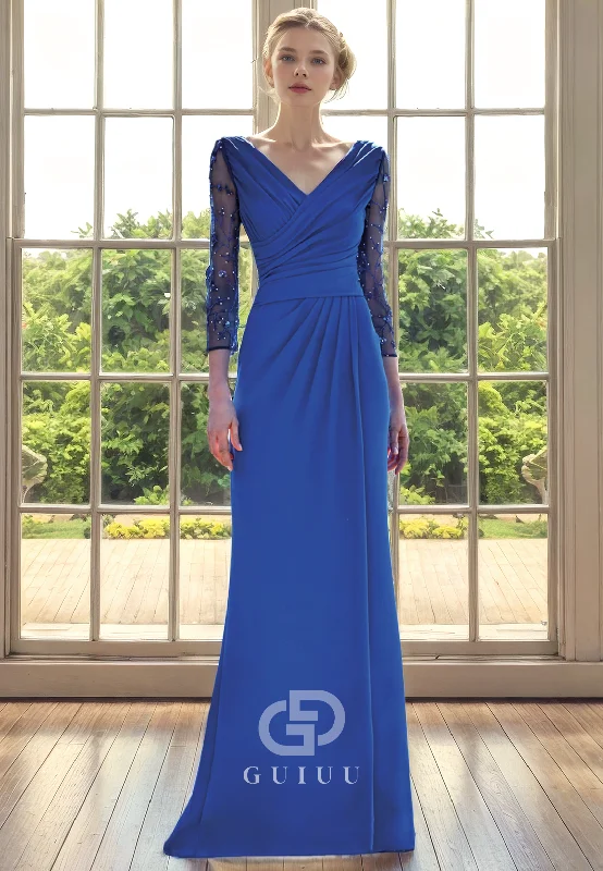 Exclusive Savings Sheath V Neck 34 Length Sleeves Pleated Back Zipper Buttons Mother of Bride Dress Exclusive Savings Sheath V Neck 34 Length Sleeves Pleated Back Zipper Buttons Mother of Bride Dress