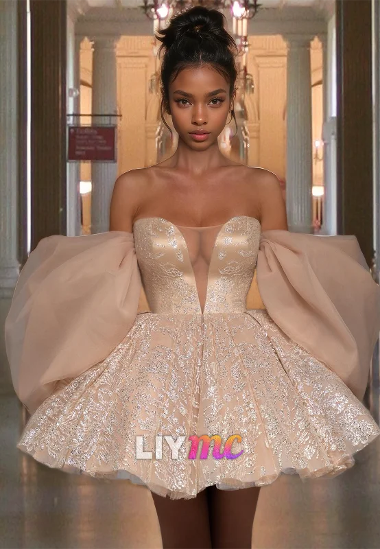 Price Break LY318 - V-Neck Sleeves Lace-Up Sparkly Short Homecoming Dress