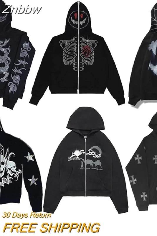 Super Deal Znbbw Hoodie Rhinestone Skeleton Goth Sweatshirt Sport Coat Pullover Men's Gothic Long Sleeve Oversized Hoodie Y2k Jacket Hoodies 0410