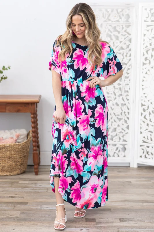 Savings Galore Navy Flower Print Boat Neck Maxi Dress