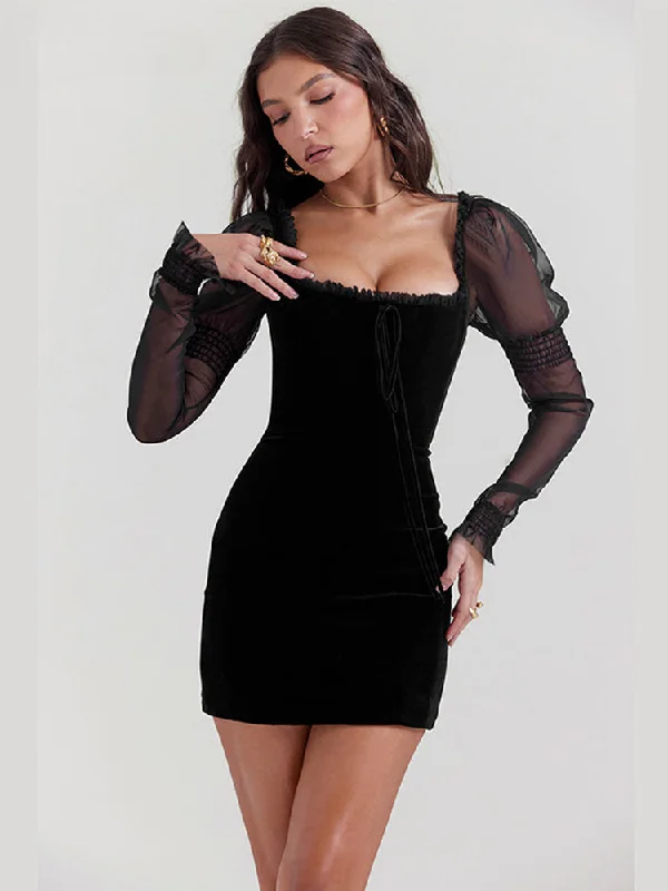 Sale Event Gothic Wooden Ear Edge Wrap Hip Mesh Long Square Neck Ruched Bodycon Mini Dress