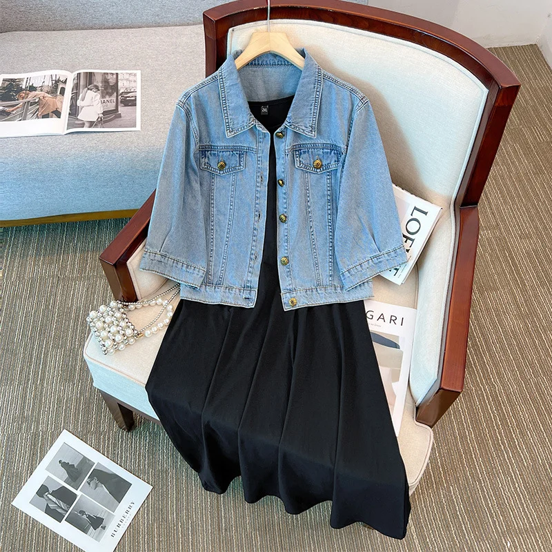 Savings Spectacular Plus Size Denim Jacket And Black Tank Dress Set (Extra Big Size)