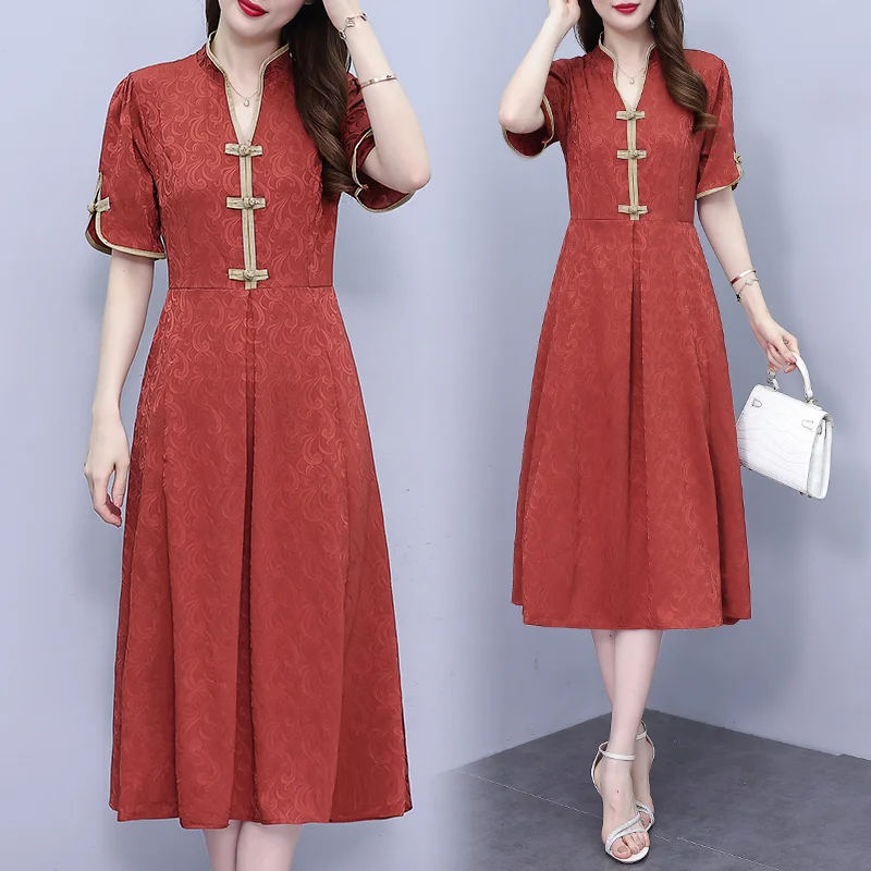 Bargain Blast Plus Size Orange Notch Neck Modern Cheongsam Dress
