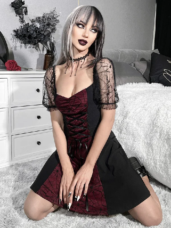 Daily Deals Gothic Harajuku Lace Short Sleeve Grunge Patchwork Lolita Strap Mini Dress