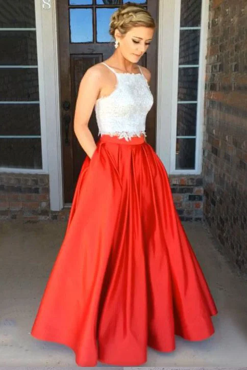 The Best Prices Two Piece Red Square Neck Satin with Appliques Lace Prom Dresses N426 The Best Prices Two Piece Red Square Neck Satin with Appliques Lace Prom Dresses N426
