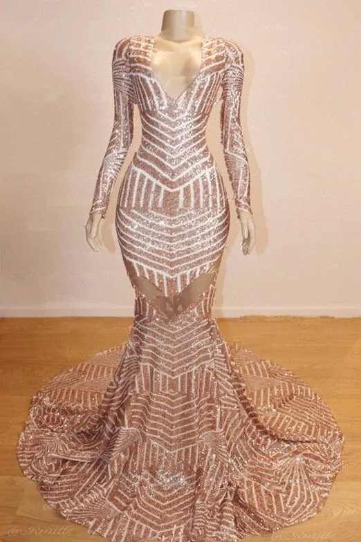 Crazy Savings Long Sleeves V-neck Mermaid Prom Dress Sequins Long Chiffon