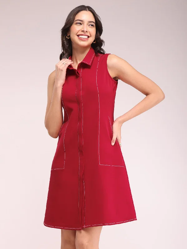 Huge Discounts Solid A-line Dress - Red