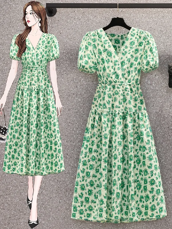Value Deals Plus Size Korean Green Wrap V Neck Midi Dress