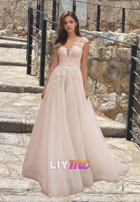 The Best Prices V-Neck Cap Sleeves Appliques Tulle A-Line Wedding Dress