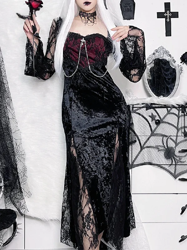 Extra Savings Chain Long Gothic Party Velvet High Slit Lace Tube Maxi Bodycon Dress