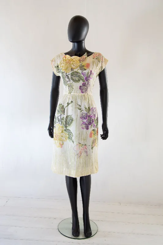 Deal of the Week Vintage 1950s Cream Floral Voile Wiggle Dress