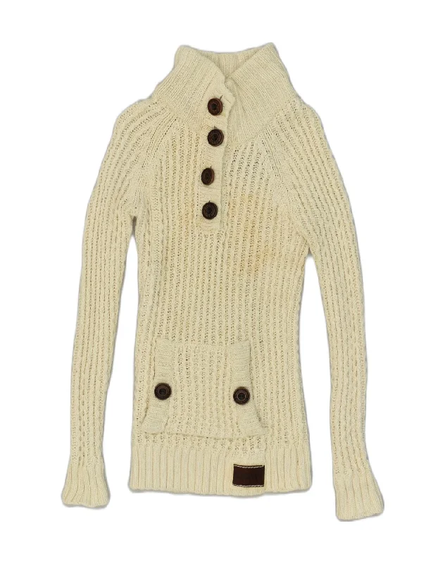 Midnight Madness SUPERDRY Womens Button Neck Jumper Sweater UK 6 XS Beige Cotton
