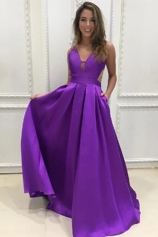 Special Offer Purple V-Neck Backless Ruched Satin Long Prom Dresses N554