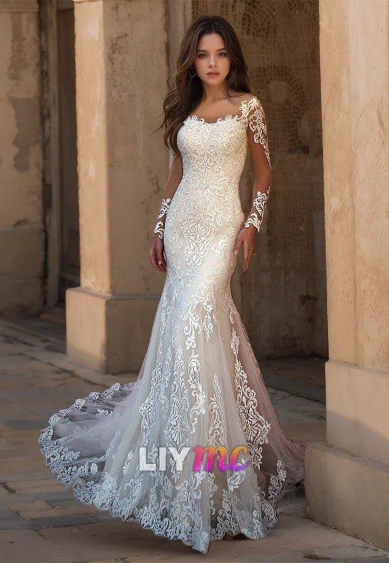 New Markdowns Sweetheart Long Sleeves Lace Appliques Mermaid Wedding Dress