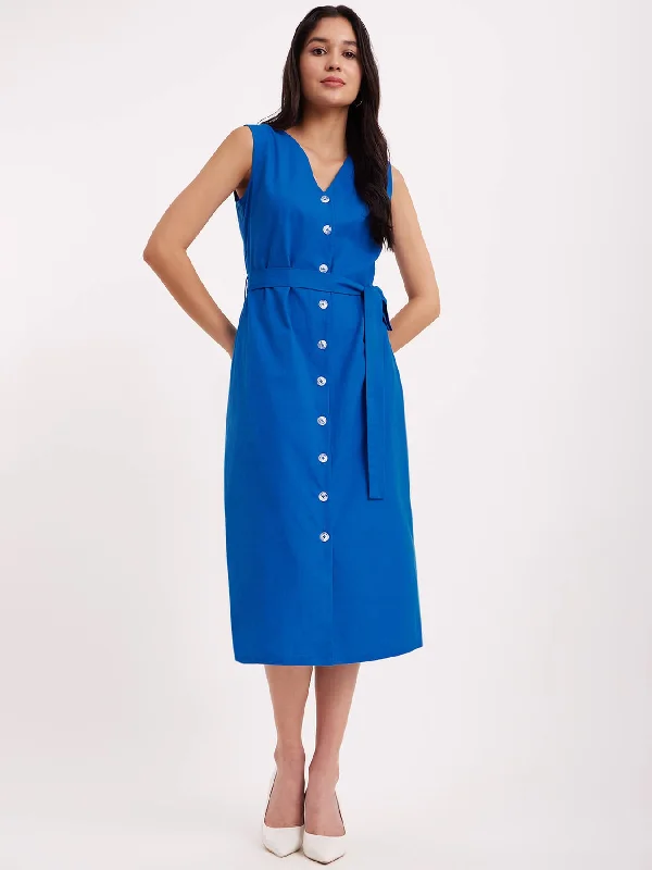 Seasonal Sale Linen V-Neck Shirt Dress - Blue