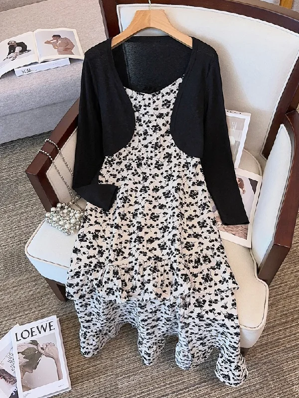 Final Clearance Plus Size Korean Cropped Black Cardigan And White Floral Cami Dress Set Final Clearance Plus Size Korean Cropped Black Cardigan And White Floral Cami Dress Set