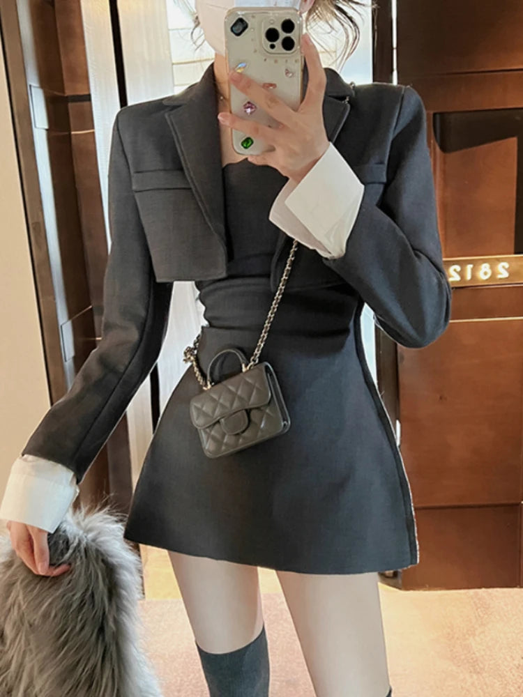 Deal Dash Znbbw Korean Two Piece Dress Set Women Casual Blazer Coat + Strap Dress Set Female Grey Slim Vintage Elegant Dress Suit 2024 New Deal Dash Znbbw Korean Two Piece Dress Set Women Casual Blazer Coat + Strap Dress Set Female Grey Slim Vintage Elegant Dress Suit 2024 New